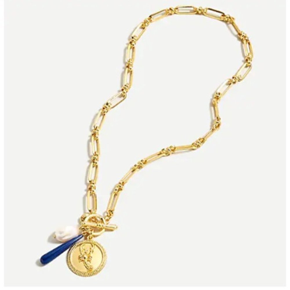 NEW J. Crew Burnished Gold Lobster Chain Necklace Freshwater Pearl - Picture 1 of 3
